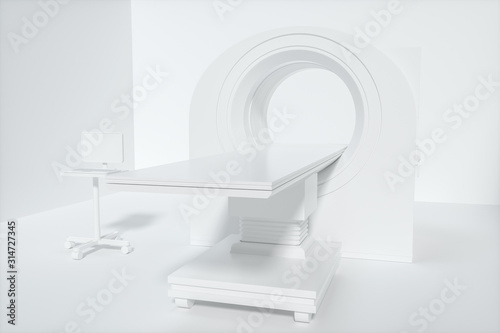 The medical equipment CT machine in the white empty room, 3d rendering.
