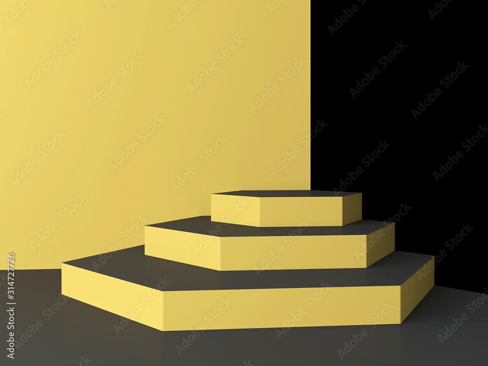Black and yellow minimalist hexagon pedestal mockup for product display isolated on yellow and black background; abstract minimal geometric concept space 3d rendering, 3d illustration