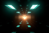 The dark glossy tunnel with glowing top light, fantasy scene, 3d rendering.