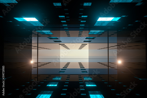 Fototapeta Naklejka Na Ścianę i Meble -  The dark glossy tunnel with glowing top light, fantasy scene, 3d rendering.