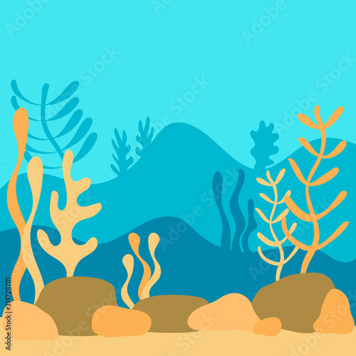 Underwater world  landscape with seaweed. the silhouette of the plants in a flat cartoon style. Hand-drawn vector illustration