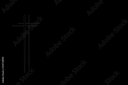 funeral Condolence card Heavenly Cross. isolated cross on black background. Appreciation, feelings compliment, card greeting, mourning frame. Template for Design