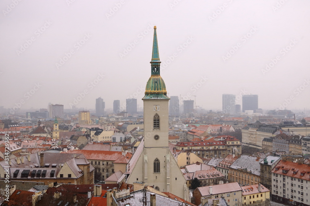 View of Bratislava and the Cathedral of St. Martin from Bratislava Castle, Slovakia in winter