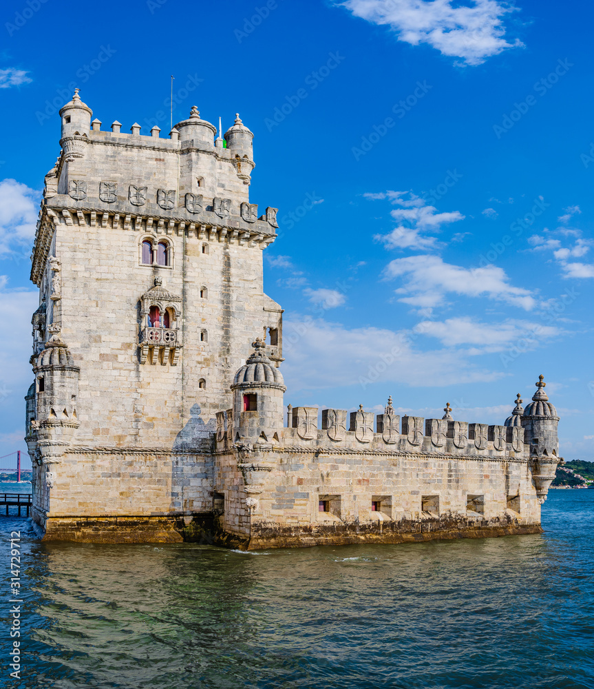 The tower of Belem,  Tower of Saint Vincent by the water of the Tagus river estuary in Belem, Lisbon, Portugal