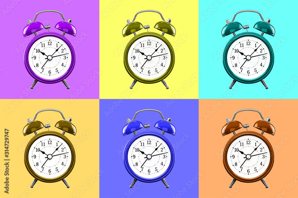 Six color alarm clock on a background of colored squares of the opposite color. Six color alarm clock on a background of colored squares of the opposite color.