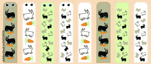 A set of bookmarks for books and textbooks with hares and carrots. Cartoon patterns in pastel colors.
