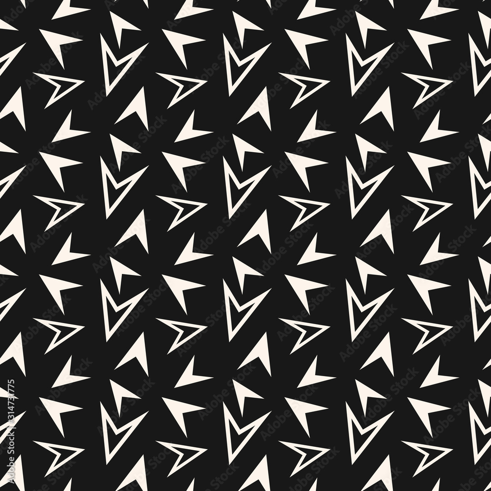 Black and white geometric seamless pattern with chaotic scattered triangles, small arrows. Simple abstract monochrome background. Dark minimalist repeat texture. Design for decor, fabric, wallpapers Black and white geometric seamless pattern with chaotic scattered triangles, small arrows. Simple abstract monochrome background. Dark minimalist repeat texture. Design for decor, fabric, wallpapers