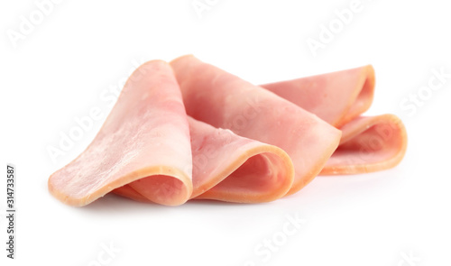 Slices of tasty fresh ham isolated on white