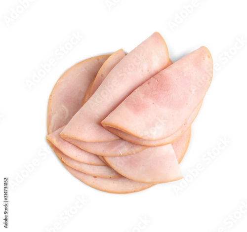 Slices of tasty fresh ham isolated on white, top view