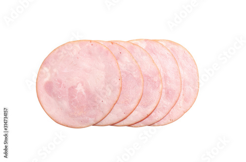 Fototapeta Naklejka Na Ścianę i Meble -  Slices of tasty fresh ham isolated on white, top view