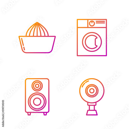 Set line Web camera , Stereo speaker , Citrus fruit juicer and Washer . Gradient color icons. Vector