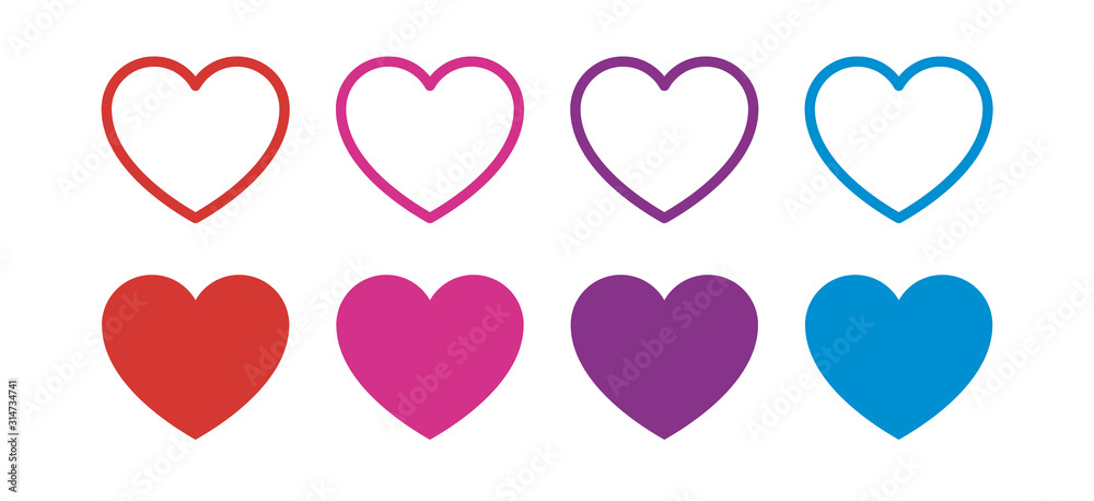 Set of Colorful Hearts - Red, Pink, Purple, Blue