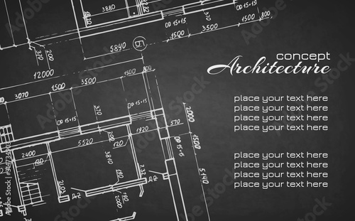 Architectural drawings white chalk on black blackboard. Architecture abstract background for design. Detailed plan. Graphic design elements. Architecture concept. Detailed grunge texture background