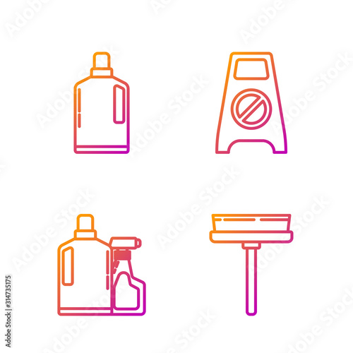 Set line Squeegee, scraper, wiper, Plastic bottles for liquid dishwashing liquid, Plastic bottles for liquid dishwashing liquid and Wet floor and cleaning in progress . Gradient color icons. Vector
