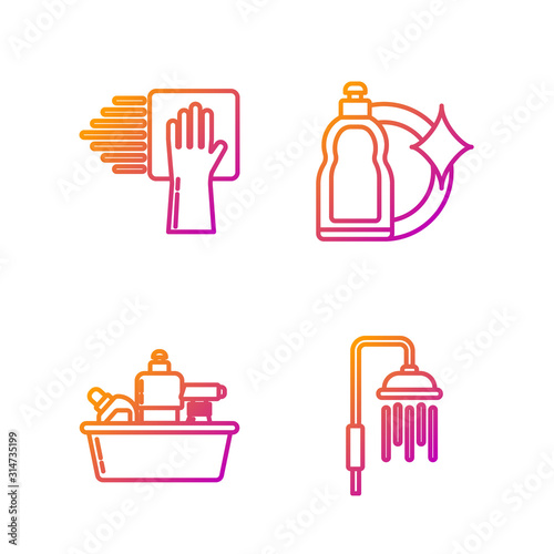 Set line Shower head with water drops flowing , Plastic bottles for liquid dishwashing liquid, Cleaning service and Plastic bottles for liquid dishwashing liquid. Gradient color icons. Vector