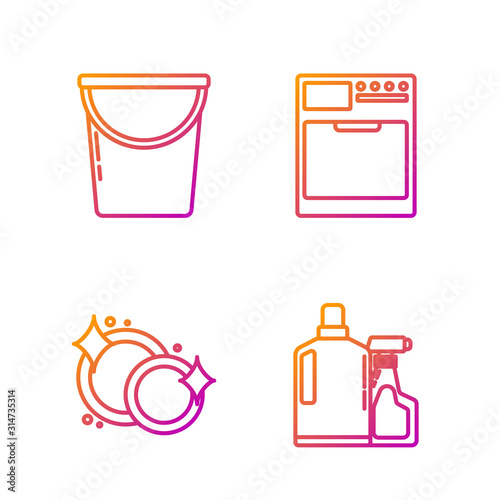 Set line Plastic bottles for liquid dishwashing liquid, Washing dishes , Bucket and Washer . Gradient color icons. Vector