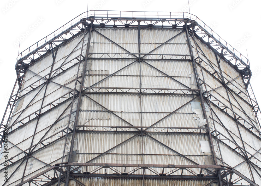 Old soviet cooling tower. Close-up of the top.
