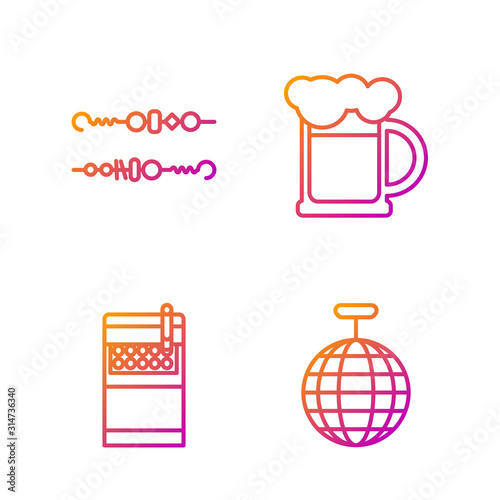 Set line Disco ball , Open cigarettes pack box , Grilled shish kebab and Wooden beer mug . Gradient color icons. Vector