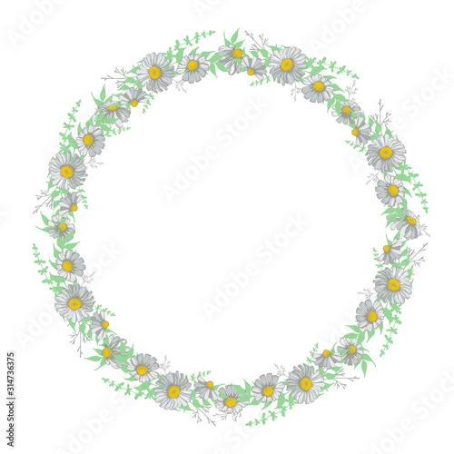 Wreath with daisy flowers on a white background. Vector round frame with place for text.
