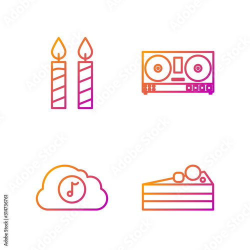 Set line Cake , Music streaming service , Birthday cake candles and DJ remote for playing and mixing music . Gradient color icons. Vector