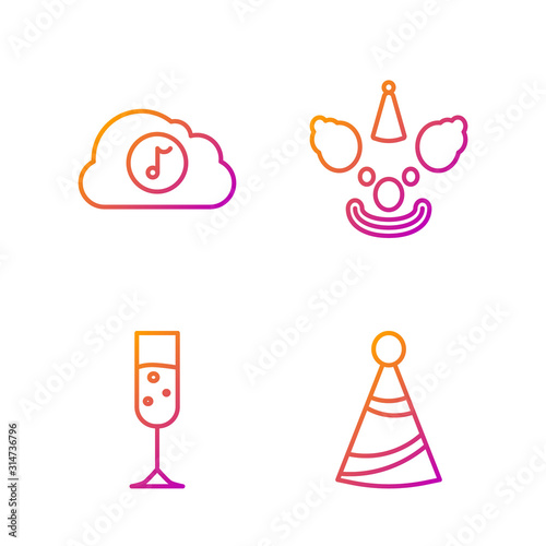 Set line Party hat , Glass of champagne , Music streaming service and Clown head . Gradient color icons. Vector