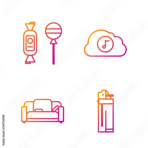 Set line Lighter , Sofa , Lollipop and Music streaming service . Gradient color icons. Vector