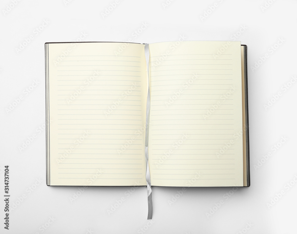 Stylish open notebook isolated on white, top view