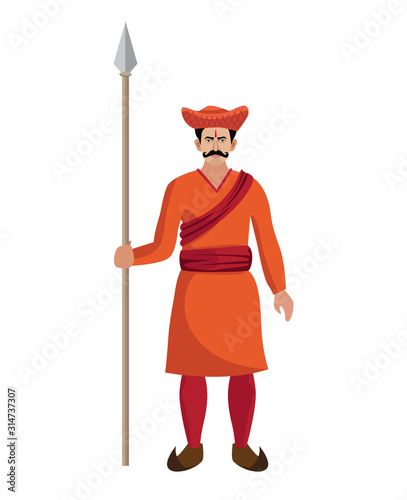 Indian hindu maratha traditional soldier, warrior standing with spear vector photo