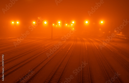 Night rail road with teal and orange color effects
