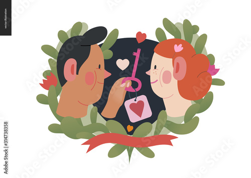 My heart key -Valentines day graphics. Modern flat vector concept illustration - a young hetoresexual couple in love, man giving key, heart label. Cute characters in love concept. Floral frame, ribbon