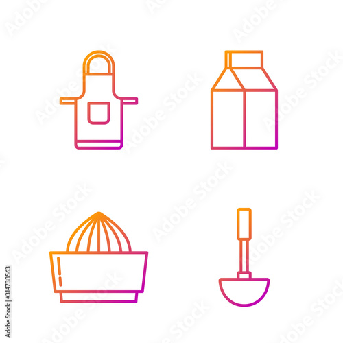 Set line Kitchen ladle , Citrus fruit juicer , Kitchen apron and Paper package for milk . Gradient color icons. Vector