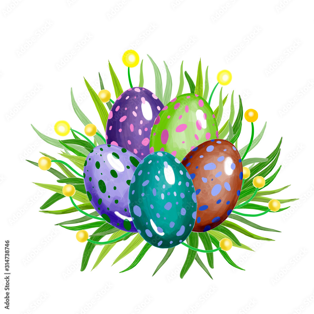 Composition of Easter eggs. Digital illustration.  Spring grass, dandelions.