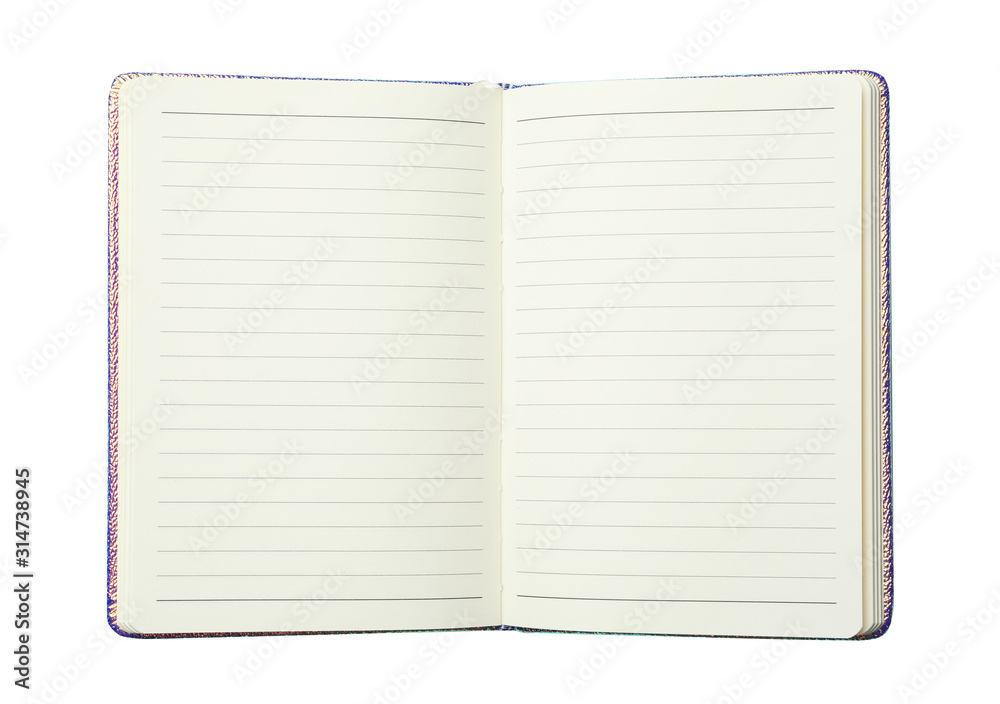 Stylish open notebook isolated on white, top view Stylish open notebook isolated on white, top view