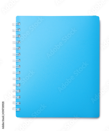 Stylish light blue notebook isolated on white, top view