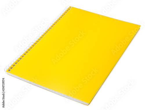 Stylish yellow spiral notebook isolated on white