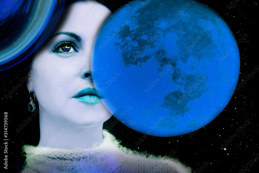 Naklejka premium Female face in outer space and blue full moon.