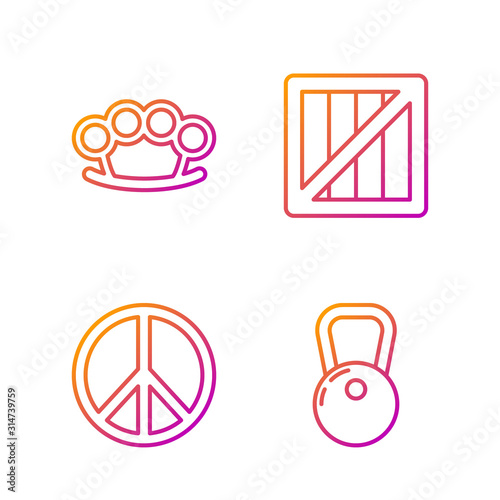 Set line Kettlebell , Peace , Brass knuckles and Military ammunition box. Gradient color icons. Vector