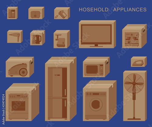 Household appliances in boxes. Cardboard boxes with appliances