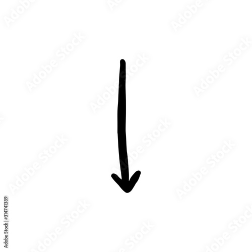 Hand drawn downward arrow vector icon isolated on a white background.Down arrow doodle icon.