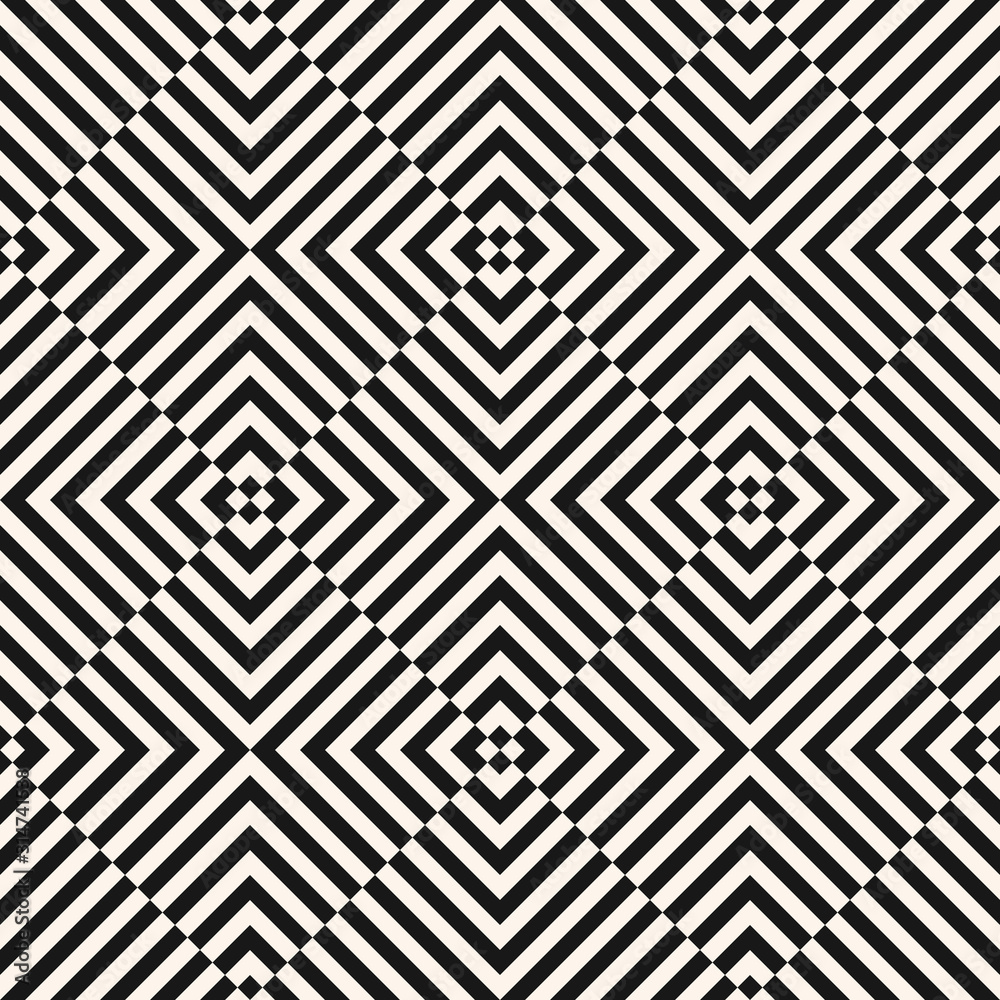 Vector geometric line pattern. Abstract black and white texture with diagonal stripes, lines, square tiles. Optical art. Simple minimal monochrome background. Retro style repeated design for decor