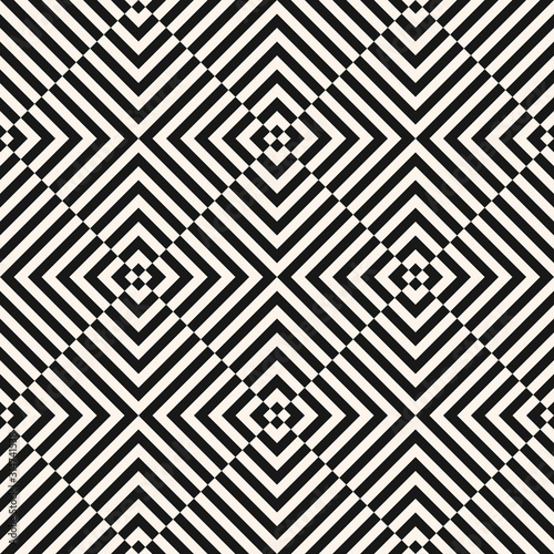 Vector geometric line pattern. Abstract black and white texture with diagonal stripes, lines, square tiles. Optical art. Simple minimal monochrome background. Retro style repeated design for decor