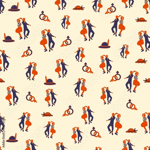 Retro seamless pattern with dancing jazz ethnic people. Couple of lovers. Vector illustration