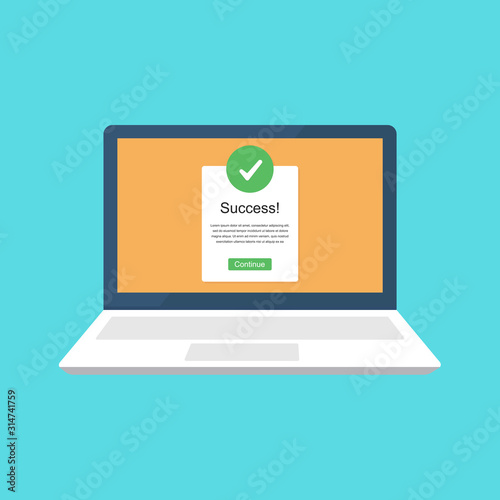 Laptop with checkmark notification vector illustration, flat cartoon of laptop with approved choice, idea of task done, updated or download complete.