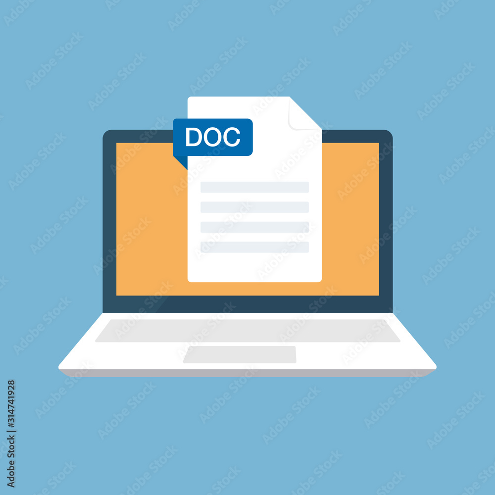 Download DOC icon file with label on laptop screen. Downloading document concept. Banner for business, marketing and advertising. Vector Illustration. Download DOC icon file with label on laptop screen. Downloading document concept. Banner for business, marketing and advertising. Vector Illustration.