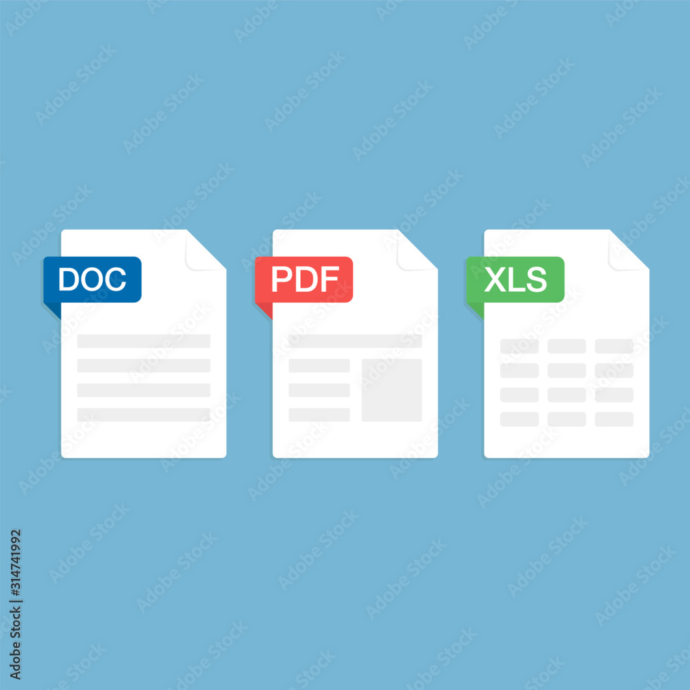 Set of Document File Formats and Labels icons. DOC, PDF, XLS. Vector illustration.