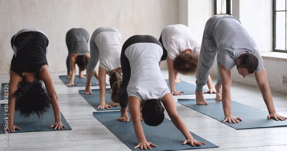 Indian trainer showing to multiracial people Upward-Facing Dog Pose