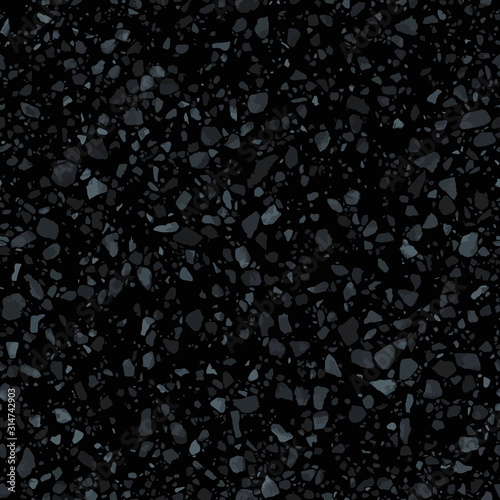 Black terrazzo flooring seamless texture. Realistic vector pattern of dark mosaic floor with natural stones, granite, marble, quartz, concrete. Classic Italian floor. Realistic repeatable design