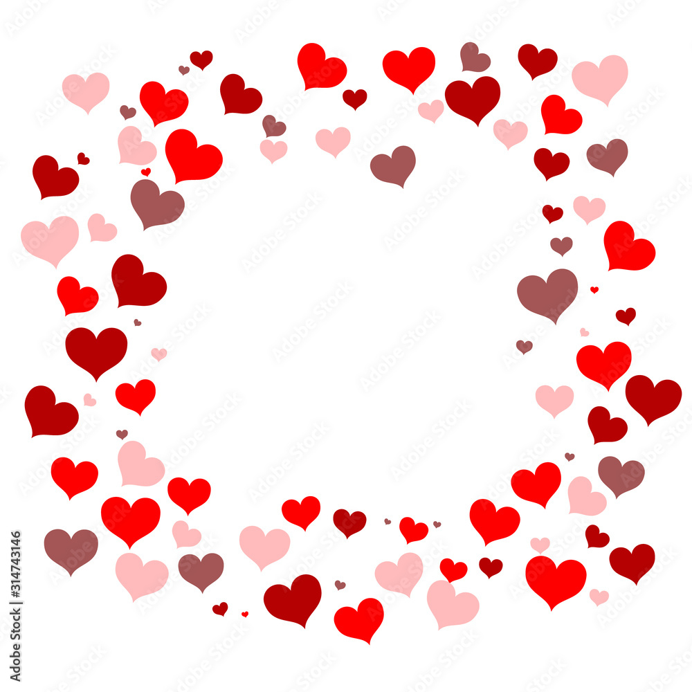 The frame is square with small hearts. All shades of red. Suitable for postcards, decoration, gift, greetings. A symbol of love and for Valentine's day.Place for the inscription.Vector The frame is square with small hearts. All shades of red. Suitable for postcards, decoration, gift, greetings. A symbol of love and for Valentine's day.Place for the inscription.Vector
