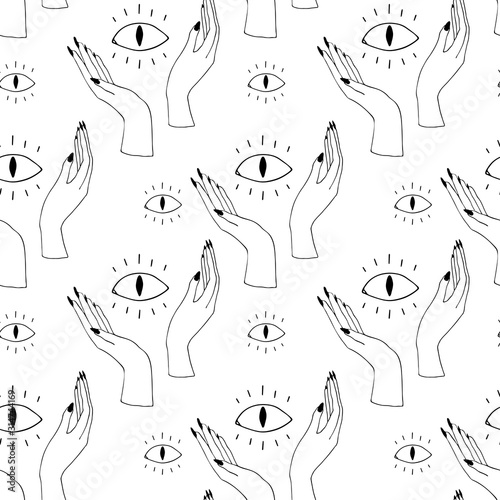 Occultism print with gothic hands and magic signs - devil eye. Seamless pattern. Linear black drawing.