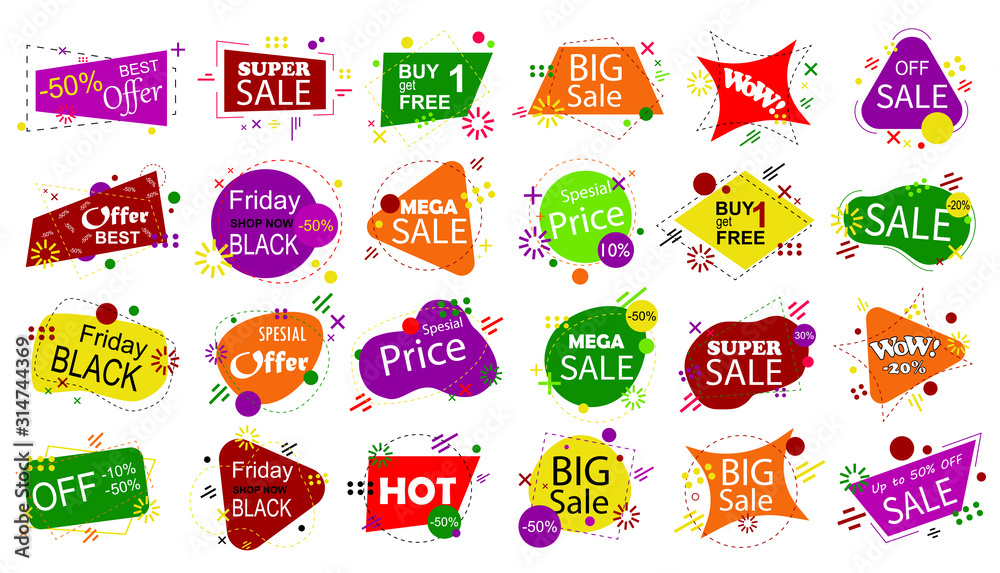 Set of sale banner badge templates. Stickers best offer price and big sale pricing tag badge design. Limited sales offer label or store discount banner card. Shopping coupon. Vector illustration.